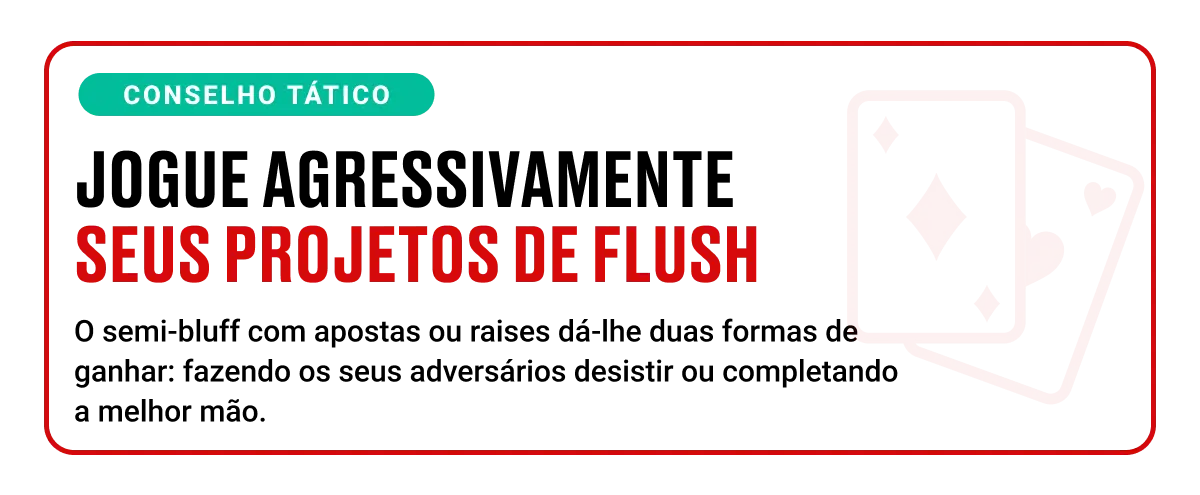 Conselho tático de poker: Jogue projetos de flush fortes de forma agressiva com o semi-bluff para maximizar os ganhos.
